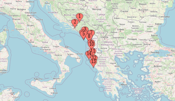 Map highlighting 14 key stops across Bosnia and Herzegovina, Montenegro, and Albania for a 16-day Balkan Trilogy adventure.