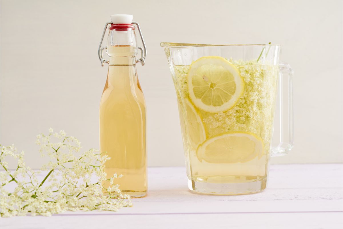 A bottle of home-made elderflower syrup