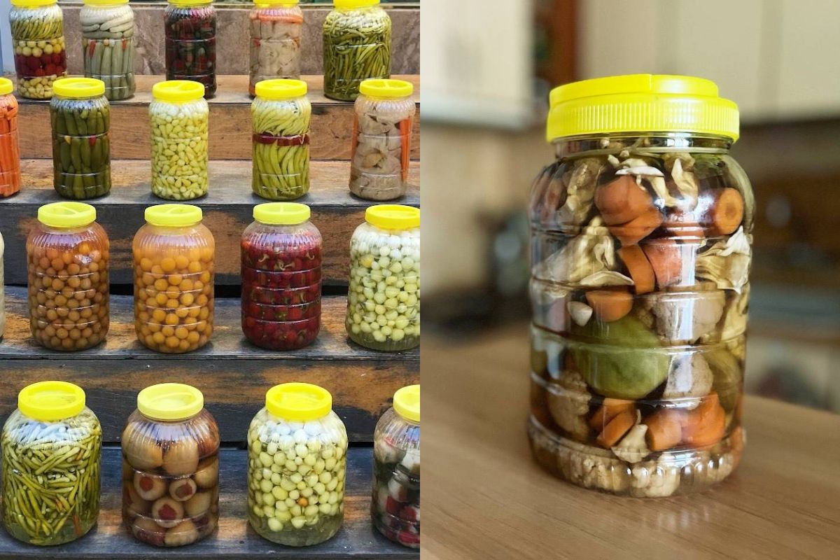 Jars of various pickled vegetables called turshiya.