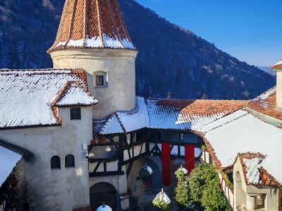Snowy Bran Castle in Transylvania, Romania