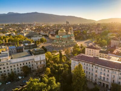 Sofia city center from above with the Alexander Nevski Cathedral in the middle