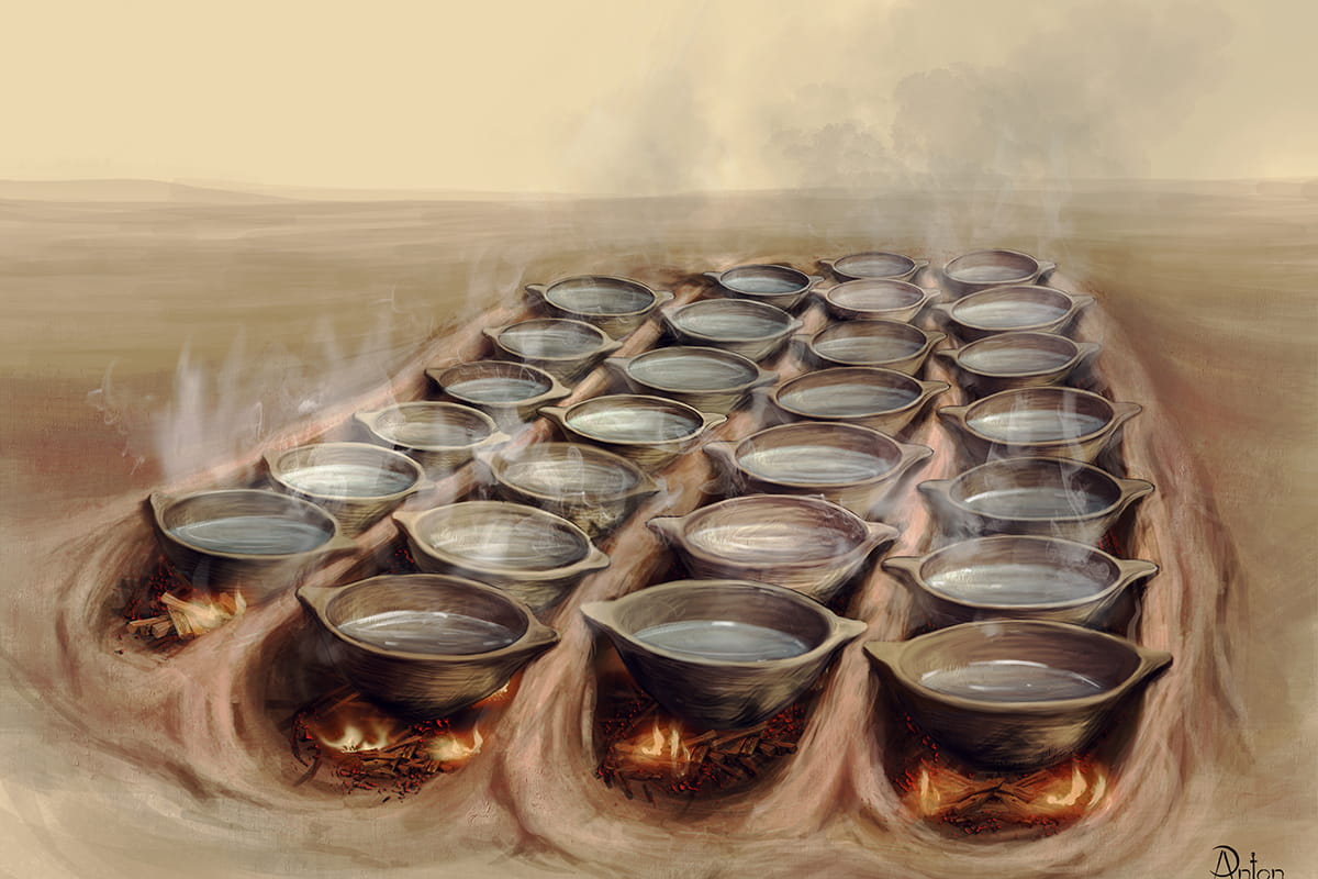Pre-historic salt production process with large ceramic bowls