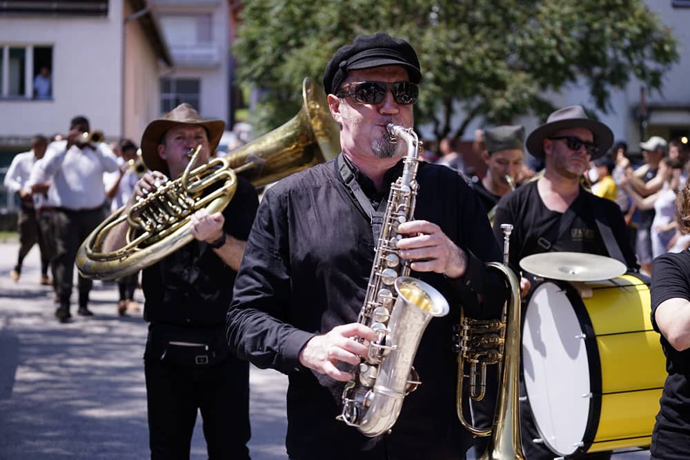 Musicians performing at the Guca Trumpet Festival, Serbia