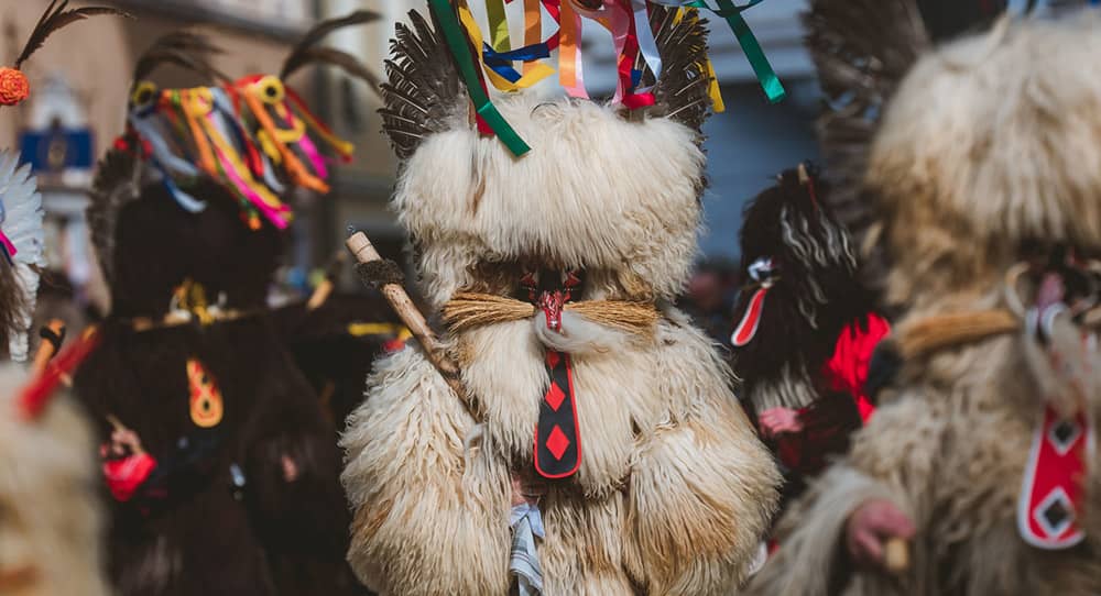 People dressed as Kurenti at Kurentovanje Carnival, Slovenia
