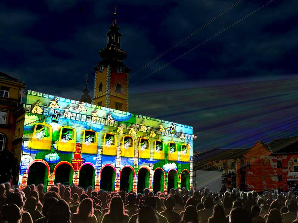 Building illuminated at the Festival of lights in Zagreb, Croatia