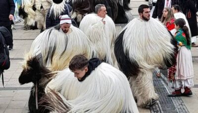 Long-haired kukeri performing at Surva Festival in Pernik, Bulgaria