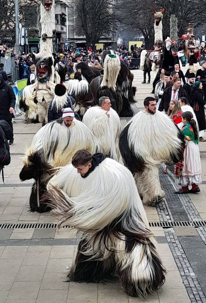 Long-haired kukeri performing at Surva Festival in Pernik, Bulgaria