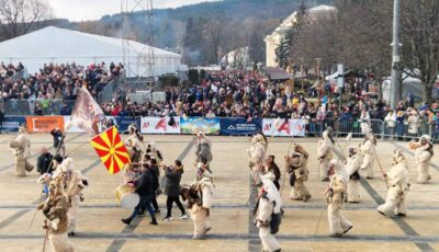 Kukeri from North Macedonia performing at Surva Festival in Pernik, Bulgaria