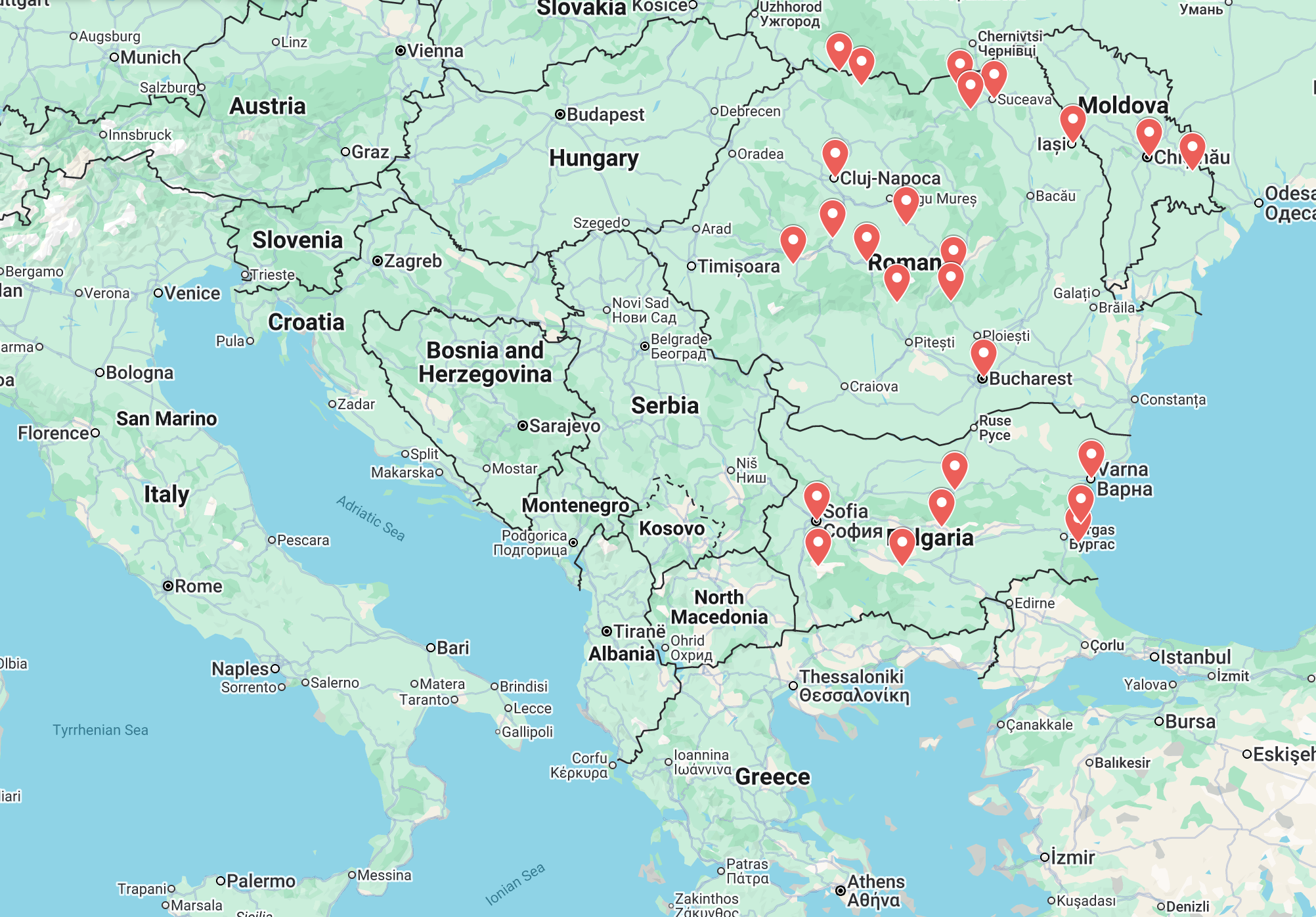 Map showing the itinerary of our 21-day tour “Danube to the Balkans”