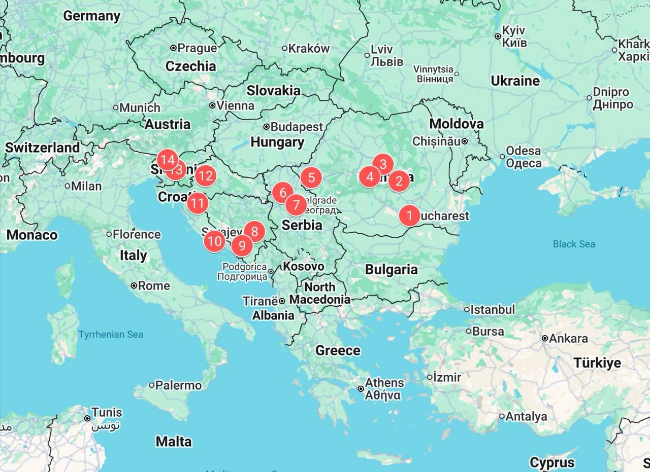 Map showing the itinerary of our 14-day tour “Balkan Marvels”
