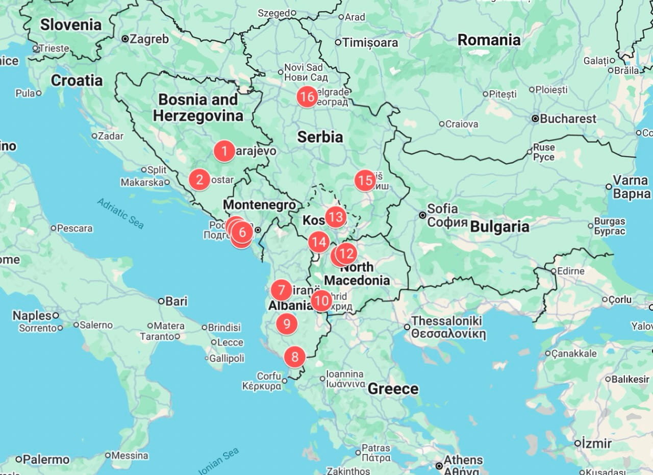 Map showing the itinerary of our 16-day “Non-Schengen Tour”